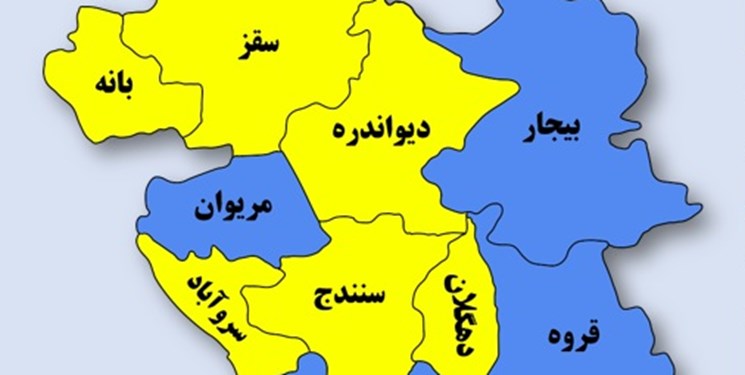 رنگ زرد در نقشه کرونایی کردستان پیشی گرفت/۶ شهرستان کردستان به رنگ زرد کرونایی درآمد